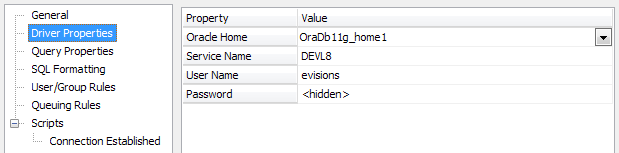 Oracle Home: OraDb11g_home1. Service Name: DEVL8. Usernme: evisions. Password: <hidden>